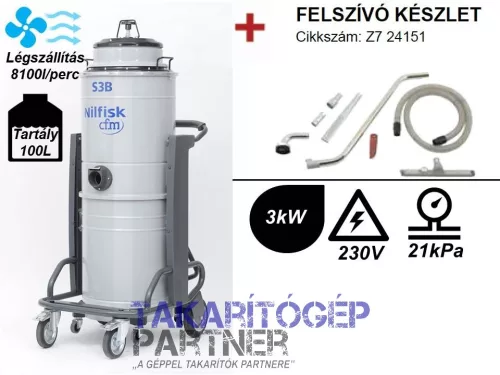 Nilfisk S3B L 100 egyfázisú három motoros száraz nedves ipari porszívó a gépipar számára (+felszívó készlet)
